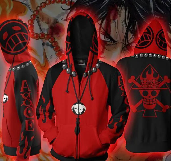 One Piece Ace 3D Print Zip Hoodie for Cosplay
