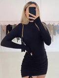 Black Turtleneck Ruched Bodycon Mini Dress for Women